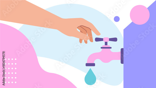 Hand Turning Off the Tap. Save Water for World Water Day. Modern Pastel Flat Illustration.