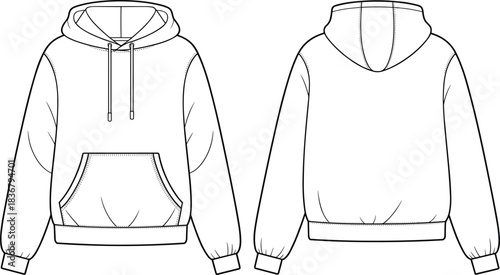 Technical flat sketch of hooded sweatshirt, kangaroo pocket drawstring design, fashion template, garment construction drawing, apparel illustration, vector outline, ribbed hem