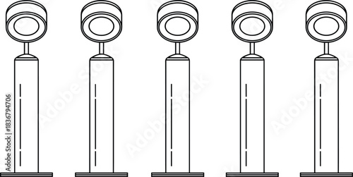 Symmetrical Silhouette Vector Illustration of Five Modern Spherical Globe Street Lamps on Tall Poles, Minimalist Urban Public Lighting Element, Flat Black and Gray CAD Drawing