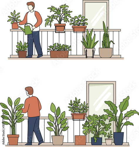 Balcony Gardening Vector Illustration – Person Caring for Plants in Urban Setting, Showing Growth Progress, Nature Nurturing, and Eco Lifestyle Concept