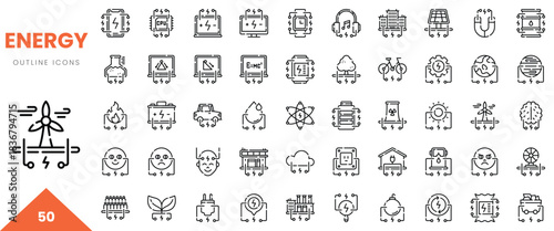 A collection of energy-related outline icons showcasing various concepts and technologies.