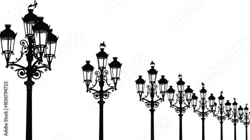 Symmetrical Silhouette Vector Illustration of Five Simple Modern Bollard Lights with Ring-Shaped Fixtures, Minimalist Urban Pathway Lighting Element, Flat Line Art CAD Drawing