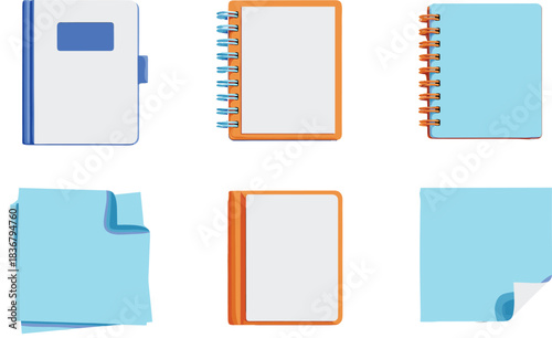 3D Vector Collection of Six Notebooks, Notepads, and Sticky Notes, Featuring Spiral Bindings and Blue/Orange Covers, Ideal for Education, Office Supplies, and Workspace Concepts