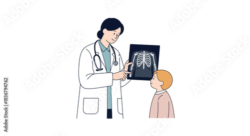 Female Doctor Explaining X-ray to Young Boy Patient in Medical Consultation.