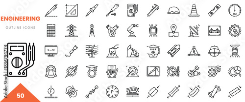A collection of 50 engineering outline icons showcasing tools, machinery, and technology.