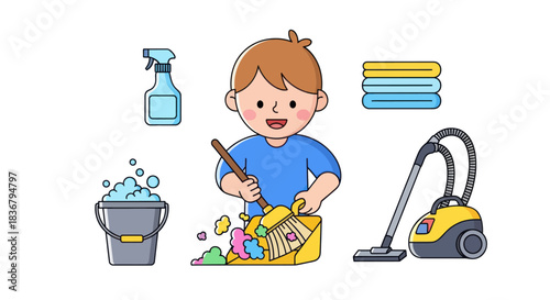 Cartoon Boy Cleaning with Broom Bucket Spray Towels and Vacuum Cleaner.