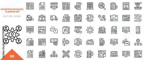 A collection of enterprise resource planning (ERP) outline icons, showcasing various business elements.