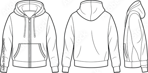Technical flat sketch of hooded sweatshirt, zip-up front drawstring design, fashion template, garment construction drawing, apparel illustration, vector outline, multi-view layout