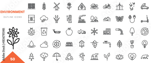 Set of 50 eco-friendly outline icons representing environmental themes in a minimalist style.