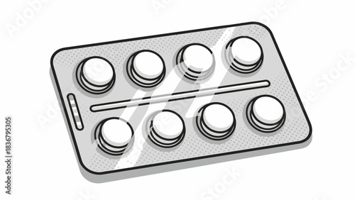 Monochrome illustration of a blister pack with eight round pills. Medical tablets for health, wellness, pharmaceutical treatment.