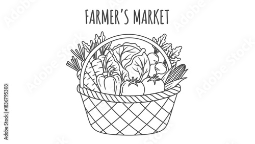 Hand-drawn line art illustration of a farmer's market wicker basket overflowing with fresh, organic vegetables, healthy food concept