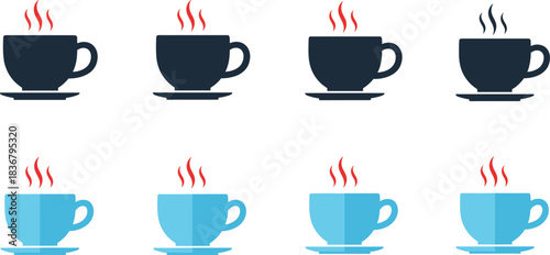 Vector Collection of Eight Coffee Cup Icons and Silhouettes in Blue and Black, Featuring Hot Steam, Ideal for Cafes, Restaurants, and Breakfast Design Concepts