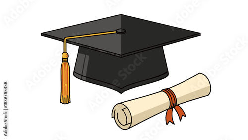 Graduation Cap and Diploma Scroll Vector Illustration. Academic Achievement, University Degree, College Success, School Completion.