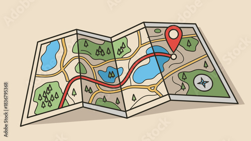 Illustrated folded paper map with a red navigation pin showing a highlighted route and destination point for travel, journey, or discovery concept.