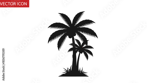 Tropical palm trees silhouette vector icon. Black graphic of two coconut palms with grass, representing summer vacation, island paradise, and exotic travel.