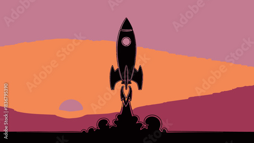 Rocket launch silhouette against a vibrant sunset sky with distant mountains. Space exploration, startup concept, ambition, new beginnings.