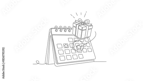 Continuous line drawing of a desk calendar with a gift box on a marked special date, symbolizing celebration planning or an upcoming event.