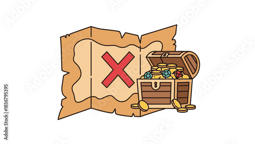 Vector illustration of a vintage treasure map with an X-mark and an open wooden chest overflowing with gold coins and precious gems, adventure concept on white.