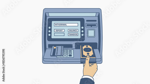 Hand using automated teller machine (ATM) for cash withdrawal or deposit transaction. Digital banking, finance, and financial services concept.