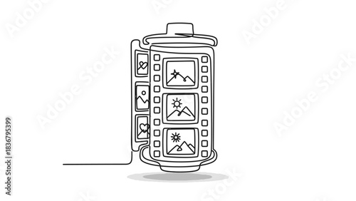 Minimalist single continuous line art drawing of a vintage camera film roll with various picture frames. Retro photography and memory concept.