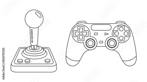 Vector Outline Illustration of Classic Arcade Joystick and Modern Video Game Controller Gamepad. Gaming equipment concept art.