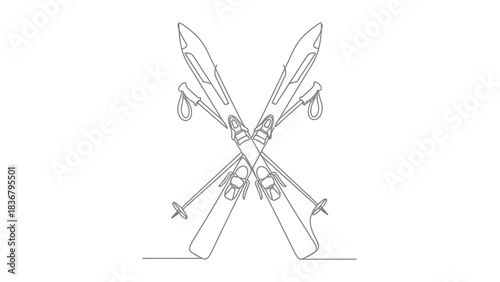 Minimalist continuous line art drawing of crossed alpine skis and poles for winter sports, recreation, and ski resort design