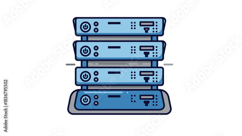 Flat vector illustration of a stacked server rack, data servers, network equipment, and computing hardware for IT infrastructure