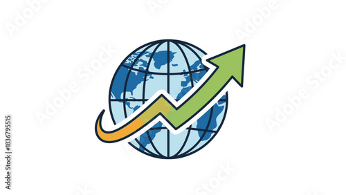 Global economic growth and business success concept. World map with a rising arrow indicating positive financial trends and international development.