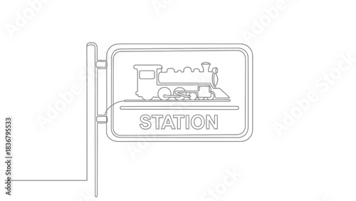 Continuous one line drawing of a train station sign featuring a classic steam locomotive icon. Minimalist vector illustration for transport.