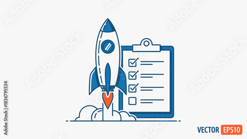 Startup Launch Checklist with Rocket Icon for Business Project Management and Success Planning