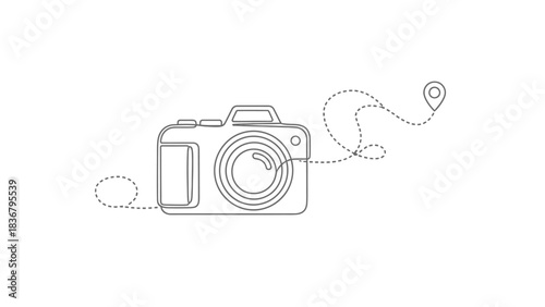 Minimalist outline icon of camera with dotted travel path leading to location pin, symbolizing photography journey, adventure, and exploration.