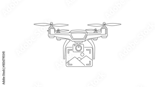 Drone with Camera Line Art Illustration. Modern UAV Aerial Photography and Videography Technology Outline Icon Vector.