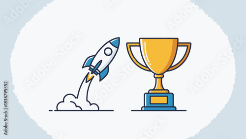 Business startup launch rocket and golden trophy icon, representing success, achievement, growth, and victory concept.