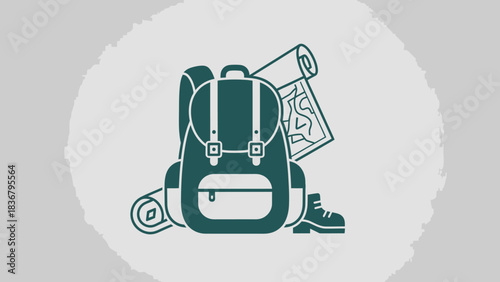 Outdoor Adventure Travel Illustration featuring Backpack, Rolled Map, and Hiking Boot Icon for Trekking, Camping & Exploration