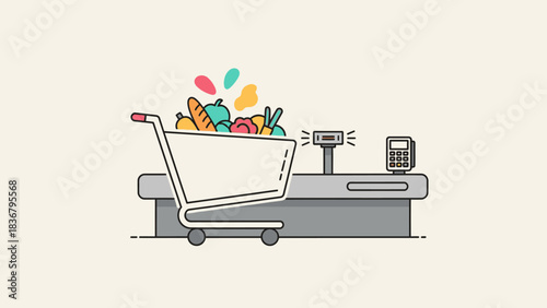 Shopping cart filled with fresh groceries at a checkout counter with a scale and payment terminal, modern vector illustration.