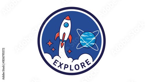 Space exploration cartoon emblem with launching rocket, orbiting planet, stars, and 'EXPLORE' text in a round badge icon