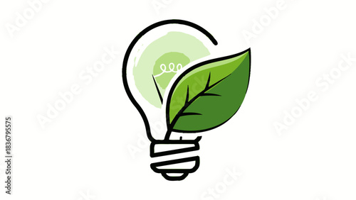 Eco-friendly light bulb with green leaf icon representing sustainable energy, environmental protection, and renewable power solutions
