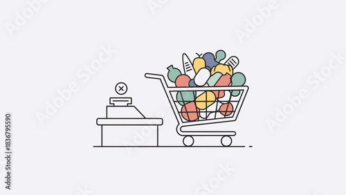 Shopping cart overflowing with groceries at a retail checkout counter. Consumer purchase and supermarket food concept illustration.