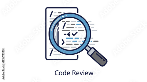 Software Code Review Illustration: Magnifying Glass Inspecting Program Script for Quality Control and Debugging Process