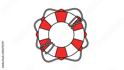 Red and white lifebuoy illustration, safety life preserver for water rescue, nautical icon on white background.