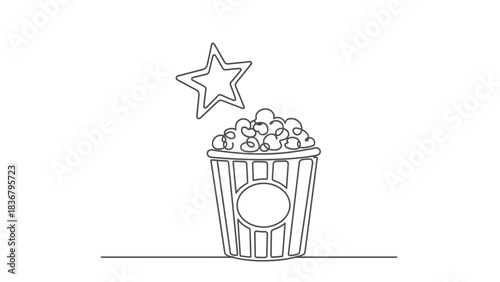 Single continuous line drawing of a classic striped popcorn bucket with a star, ideal for movie night, cinema, and entertainment concepts.