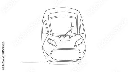 Continuous line drawing of a modern high-speed train front view, minimal outline sketch for rail transport concept