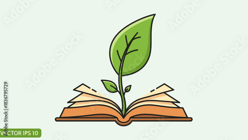Cartoon illustration of an open book with a growing green plant, representing learning, education, knowledge, sustainability, and growth