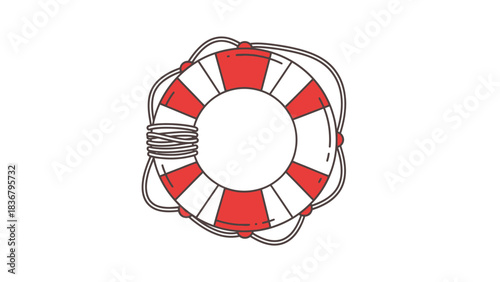 Vector illustration of a red and white life preserver with rope, symbolizing water safety and emergency rescue equipment.