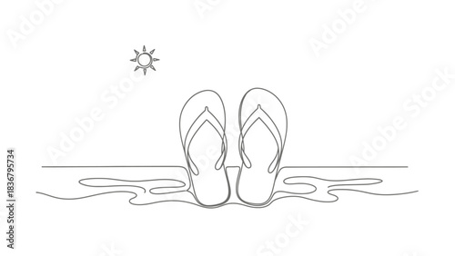 Continuous line drawing of flip-flops on a sandy beach with a sun icon. Minimalist summer vacation and relaxation concept.