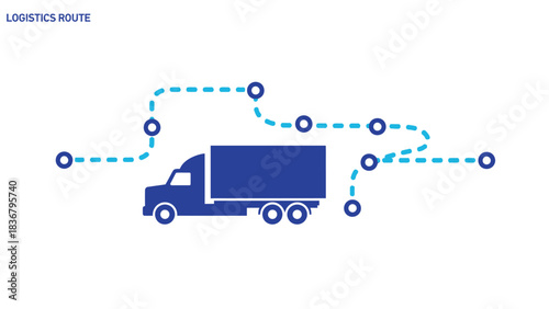 Logistics route illustration with blue semi-truck following a delivery network path, representing global shipping and supply chain management.