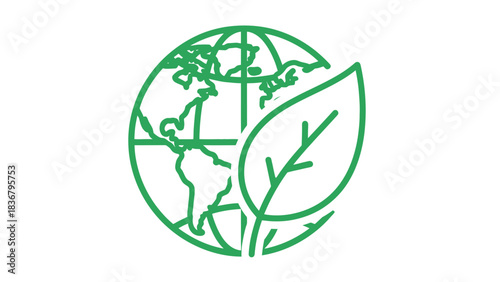 Green line art icon of global sustainability, featuring a leaf and Earth, symbolizing ecology, nature conservation, and eco-friendly design.