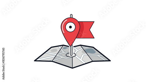 Red location pin with a flag on a folded map. Concept for navigation, travel destination, pinpointing, GPS, or point of interest.