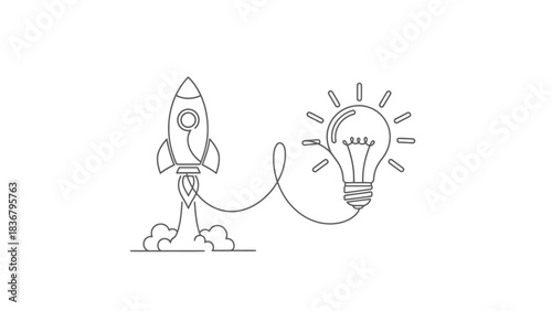 One Line Art: Launching Rocket Connected to Bright Light Bulb, Symbolizing Innovation, Startup Idea, Business Growth, and Creative Development