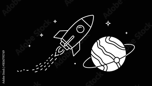 Minimalist white outline illustration of a rocket launching into outer space towards a ringed planet. Space exploration concept.
